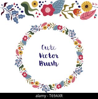 Endless horizontal brush with cute flat doodle flowers and leaves Isolated floral wreath on a whte background. Vector Stock Vector