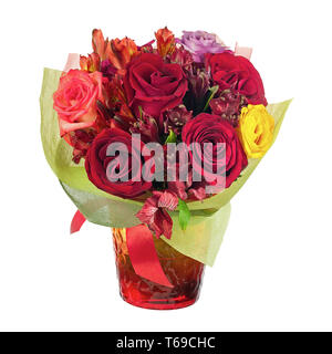 Colorful flower bouquet in red vase isolated on white background. Stock Photo