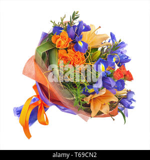 Flower bouquet from roses, lilies and iris. Stock Photo