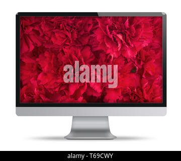 Computer display with bouquet of red carnation flowers on screen. Stock Photo