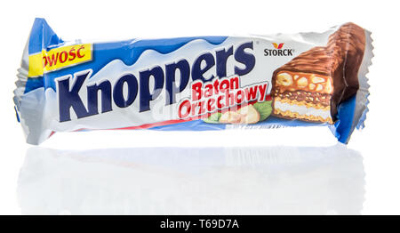 Winneconne, WI -  28 April 2019: A package of storck knoppers hazelnut caramel baton orzechowy wafer bar on an isolated background Stock Photo