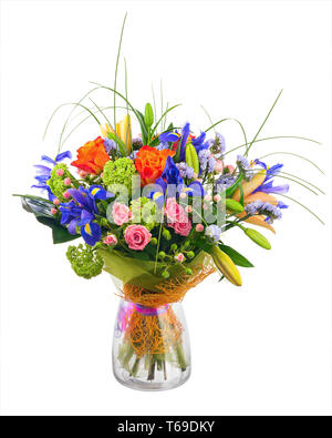 Flower bouquet from roses, iris and statice flowers. Stock Photo