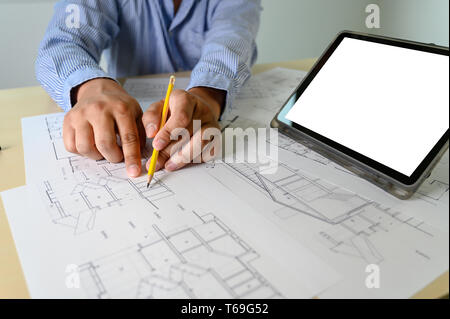 Architects working laptop  interior Architect workplace Construction concept tools Stock Photo
