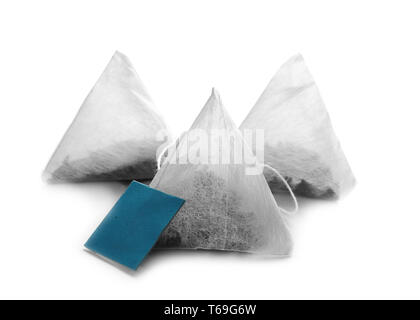 Tea bags on white background Stock Photo