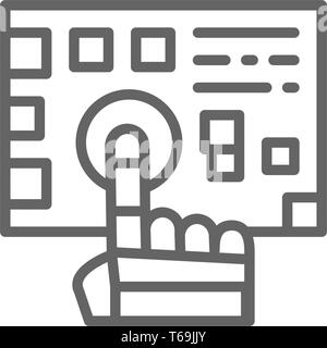Robot arm presses on the button line icon. Stock Vector