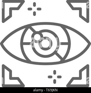 Artificial intelligence eye, cyber spying, computer surveillance line icon. Stock Vector