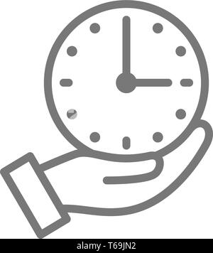 Clock in hand, time management line icon. Stock Vector