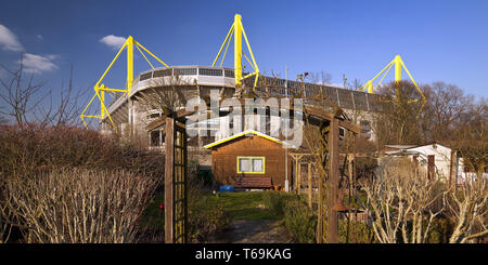allotment garden in front of Signal Iduna Park football stadium of BVB, Dortmund, Germany Stock Photo