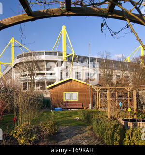 allotment garden in front of Signal Iduna Park football stadium of BVB, Dortmund, Germany