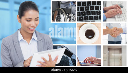 Composite image of close up of a laughing customer service agent using headset Stock Photo