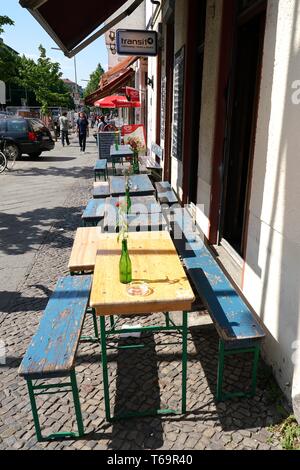 Street Cafe with no guests in Berlin-Kreuzberg. Stock Photo