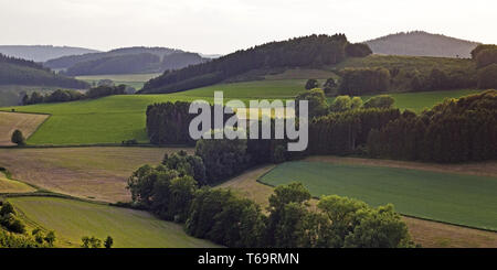 aerial view of hilly field and forest landscape near Menkhausen, North Rhine-Westphalia, Germany Stock Photo