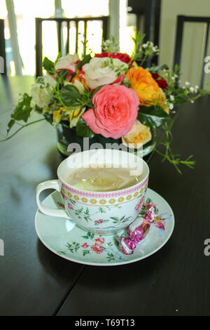 different types of sweet pastries on plates Stock Photo