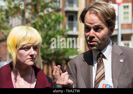 London, UK. 30th April 2019. Climate change activist Rupert Read of Extinction Rebellion, seen here with Clare Farrell, is interviewed after attending a meeting hosted by the Secretary of State Michael Gove. Credit: Mark Kerrison/Alamy Live News Stock Photo