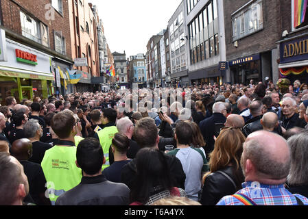 Old Compton Street, London, UK. 30th Apr, 2019. The vigil in Old Compton Street on the 20th anniversary of the Admiral Duncan nail bombing. Credit: Matthew Chattle/Alamy Live News Stock Photo