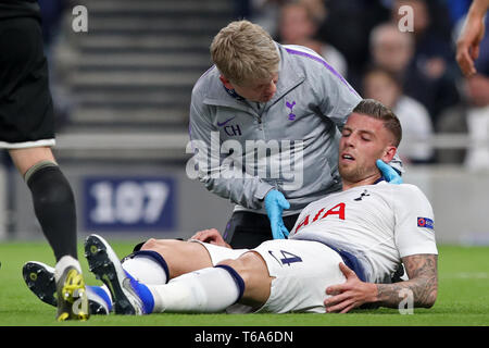 London, UK. 30th Apr 2019.Tottenham defender Toby Alderweireld clashes with his own player and goes down during the UEFA Champions League match between Tottenham Hotspur and Ajax Amsterdam at White Hart Lane, London on Tuesday 30th April 2019. (Credit: Jon Bromley | MI News) Credit: MI News & Sport /Alamy Live News Stock Photo