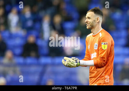 Birkenhead, UK. 30th Apr, 2019. Bury and ex Tranmere Goalkeeper Joe Murphy jokes with the Tranmere fans as he gestures asking for money after not getting paid by his club. EFL Skybet Football league two match, Tranmere Rovers v Bury FC at Prenton Park, Birkenhead, Wirral on Tuesday 30th April 2019.  this image may only be used for Editorial purposes. Editorial use only, license required for commercial use. No use in betting, games or a single club/league/player publications.pic by Chris Stading/Andrew Orchard sports photography/Alamy Live News Stock Photo