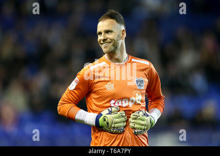 Birkenhead, UK. 30th Apr, 2019. Bury Goalkeeper Joe Murphy has laugh with the Tranmere fans. EFL Skybet Football league two match, Tranmere Rovers v Bury FC at Prenton Park, Birkenhead, Wirral on Tuesday 30th April 2019.  this image may only be used for Editorial purposes. Editorial use only, license required for commercial use. No use in betting, games or a single club/league/player publications.pic by Chris Stading/Andrew Orchard sports photography/Alamy Live News Stock Photo