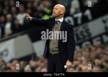 London, UK. 30th Apr, 2019. Ajax Head coach Erik ten Hag instructs his players from the touch line. UEFA Champions league match, semi- final, 1st leg match , Tottenham Hotspur v Ajax at The Tottenham Hotspur Stadium in London on Tuesday 30th April 2019.  this image may only be used for Editorial purposes. Editorial use only, license required for commercial use. No use in betting, games or a single club/league/player publications . Credit: Andrew Orchard sports photography/Alamy Live News Stock Photo