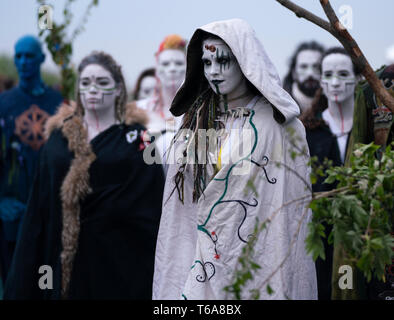 Edinburgh, Scotland, UK. 30 April, 2019. Beltane Fire Festival ushers in summer on Tuesday 30th April with a spectacular display of fire, immersive theatre, drumming, body paint, and elaborate costumes. Described by some as the medieval Burning Man, this alternative May Day celebration re-imagines the ancient Celtic festival with roughly 300 volunteer performers for thousands of spectators from all over the world on top of Calton Hill in Edinburgh . Pictured, the May Queen.  Credit: Iain Masterton/Alamy Live News Stock Photo