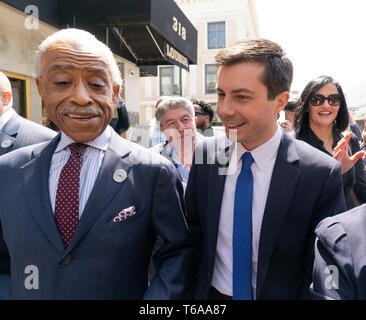 New York, NY - April 29, 2019: South Bend, IN Mayor Pete Buttigieg hopeful for Democratic Party Presidential nomination attends lunch with Reverend Al Sharpton at Sylviaâ€™s Restaurant in Harlem Stock Photo