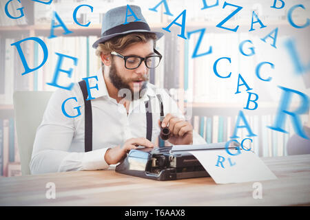 Composite image of hipster holding smoking pipe while working on typewriter Stock Photo
