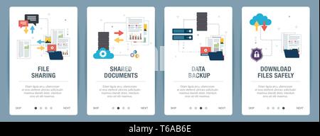 Banner set with icons for internet on websites or app templates with file sharing, shared documents, data backup and download files safely. Technology Stock Vector