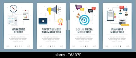 Banner set with icons for internet on websites or app templates with marketing report, advertisement and marketing, social media marketing, planning m Stock Vector