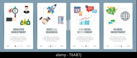 Analysis investment, success business, financial investment, global investment.  Internet website banner concept with icon set. Flat design vector ill Stock Vector
