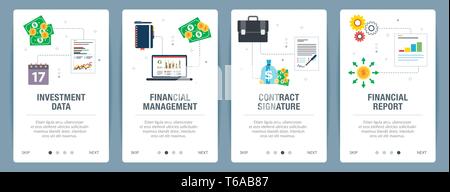 Web banners concept in vector with investment data, financial management, contract signature and financial report. Internet website banner concept wit Stock Vector