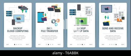 Vector set of vertical web banners with backup cloud computing, backup laptop data, send and receive data.Vector banner template for website and mobil Stock Vector