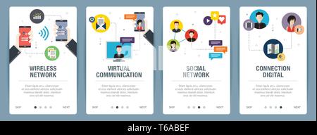 Vector set of vertical web banners with wireless network, virtual communication, social network, connection digital. Vector banner template for websit Stock Vector
