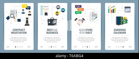 Vector set of vertical web banners with contract negotitation, meeting business,  signature contract, earnings calendar. Vector banner template for we Stock Vector