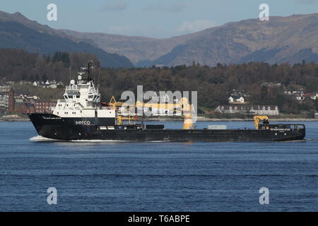 SD Northern River, a support vessel operated by Serco Marine Services, manoeuvering off Gourock at the start of Exercise Joint Warrior 19-1. Stock Photo