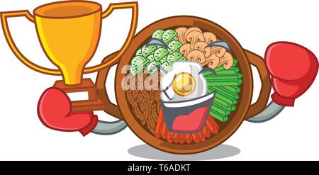 Boxing winner plate containing bibimbap cartoon on table Stock Vector