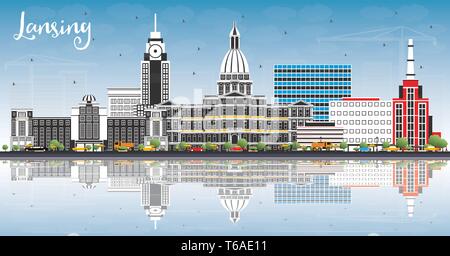 Lansing Michigan City Skyline with Color Buildings, Blue Sky and Reflections. Vector Illustration. Business Travel and Concept. Stock Vector