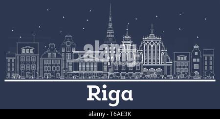 Outline Riga Latvia City Skyline with White Buildings. Vector Illustration. Business Travel and Concept with Historic Architecture. Riga Cityscape. Stock Vector