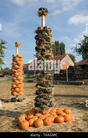 Ripe autumn pumpkins arranged on totem Stock Photo