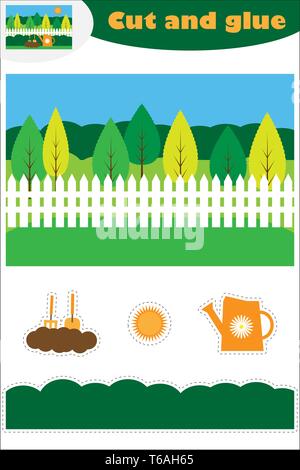 In the garden cartoon, education game for the development of preschool children, use scissors and glue to create the applique, cut parts of the image Stock Vector