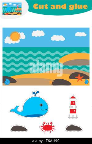 Whale at the sea cartoon, education game for the development of preschool children, use scissors and glue to create the applique, cut parts of the Stock Vector