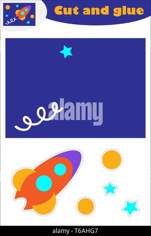 Rocket in cartoon style, education game for the development of preschool children, use scissors and glue to create the applique, cut parts of the Stock Vector