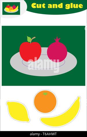 Fruit on plate cartoon, education game for the development of preschool children, use scissors and glue to create the applique, cut parts of the image Stock Vector