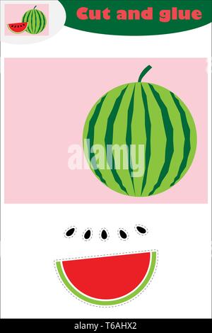 Watermelon in cartoon style, education game for the development of preschool children, use scissors and glue to create the applique, cut parts of the Stock Vector