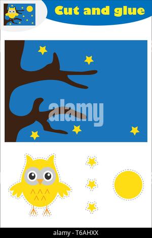 Owl on the branch cartoon, education game for the development of preschool children, use scissors and glue to create the applique, cut parts of the Stock Vector