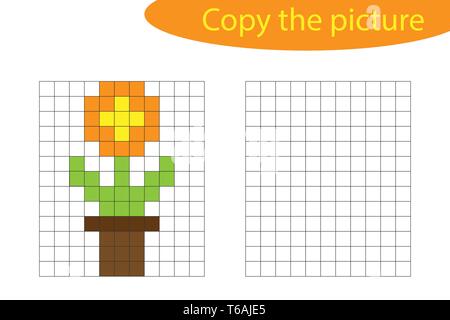 Copy the picture, pixel art, flower in pot cartoon, drawing skills training, educational paper game for the development of children, kids preschool Stock Vector