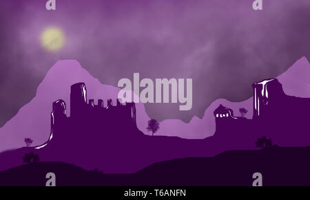 Illustration of castle surrounding wall stone. Medieval fort at a stormy night with purple sky gradient background. Old castle with walls and towers. Stock Photo