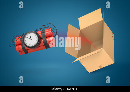 3d rendering dynamite bundle with timer bomb flying out of cardboard box, suspended in air on blue background. Stock Photo