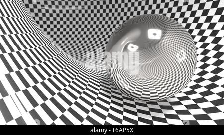 Abstract checker curved geometric background black and white colors. with reflection metall ball 3d render Stock Photo