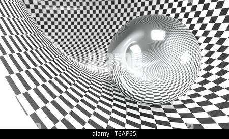 Abstract checker curved geometric background black and white colors. with reflection metall ball 3d render Stock Photo