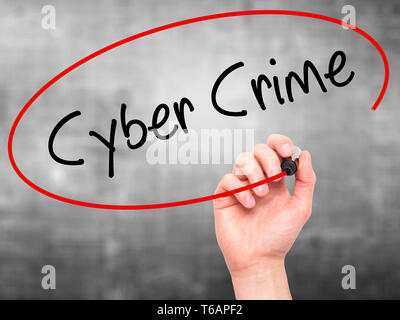 Man Hand writing Cyber Crime with black marker on visual screen Stock Photo